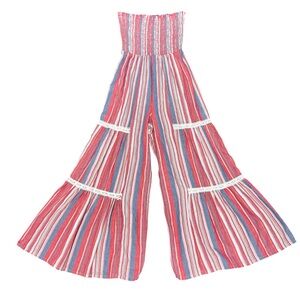 Angie Red Blue Romper Pant Suit Strapless NWT Ladies Small Striped Lace Smocked